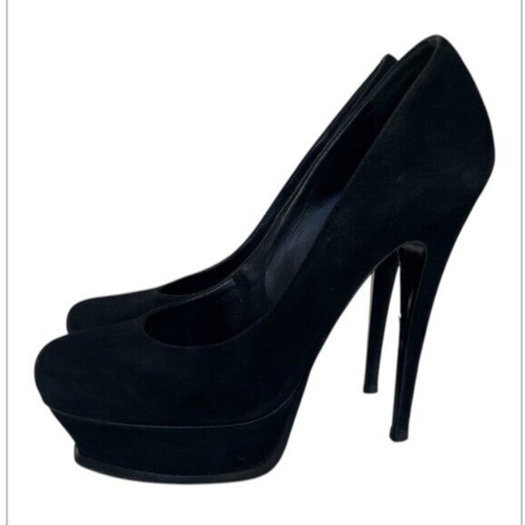 Saint Laurent Black Suede Platform Pumps Size 37 7 Round Toe YSL Designer Shoes - Picture 5 of 10